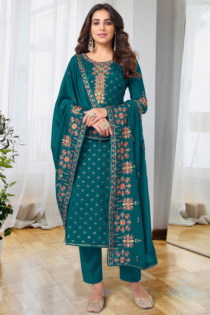 Ginni Kapoor Embroidered Teal Color Salwar Kameez In Georgette Chiffon Fabric