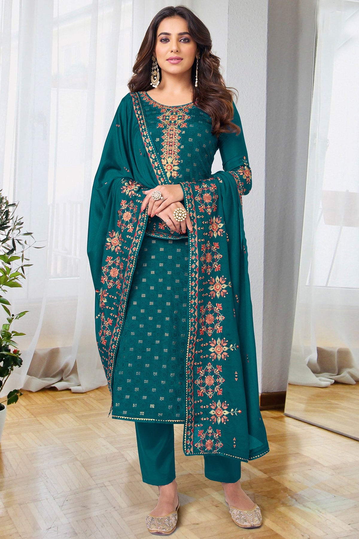 Ginni Kapoor Embroidered Teal Color Salwar Kameez In Georgette Chiffon Fabric