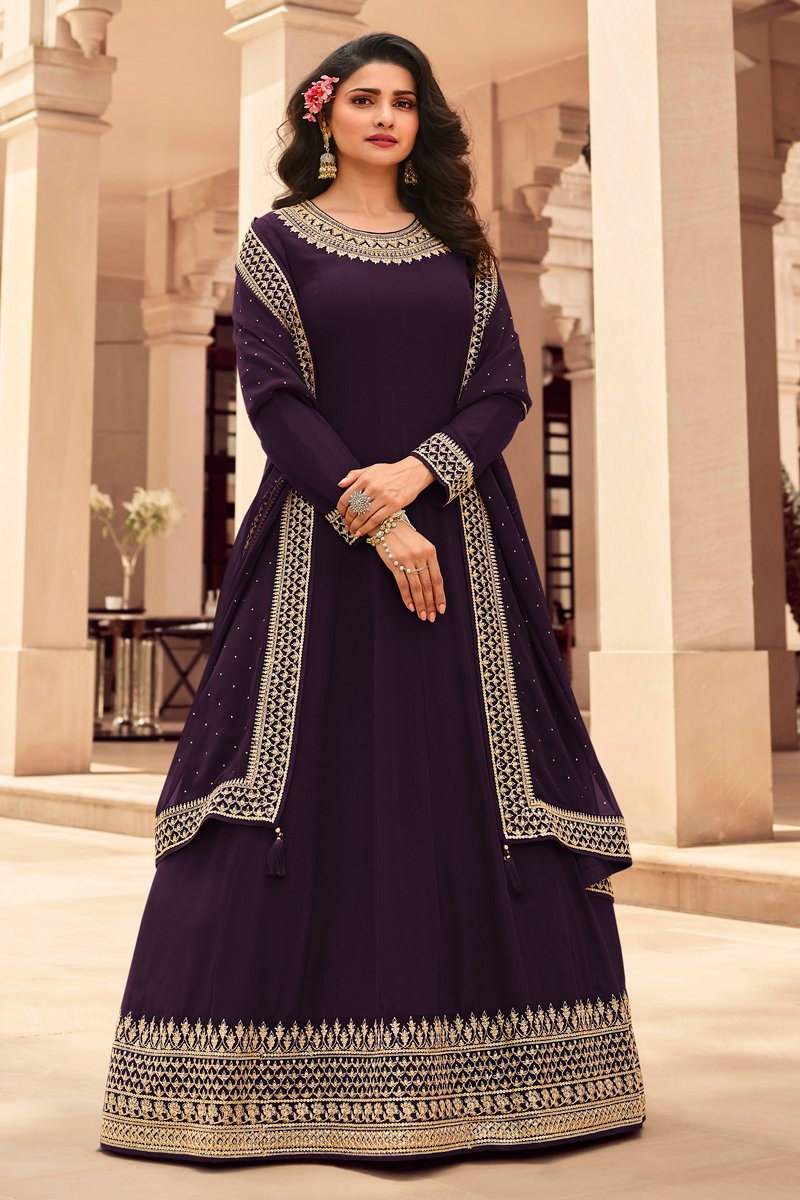 Prachi Desai Party Style Georgette Fabric Purple Color Embroidered Anarkali Salwar Suit