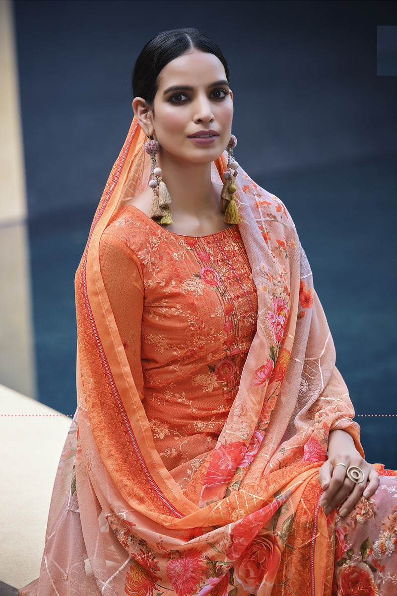 Festive Wear Georgette Fabric Peach Color Digital Printed Palazzo Suit