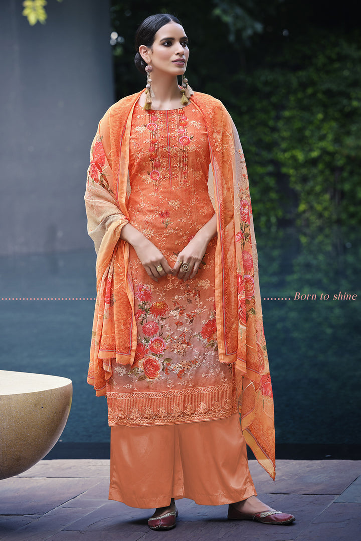 Festive Wear Georgette Fabric Peach Color Digital Printed Palazzo Suit