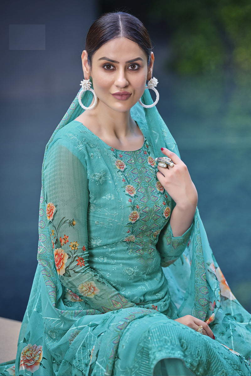 Festive Wear Georgette Fabric Cyan Color Digital Printed Palazzo Dress