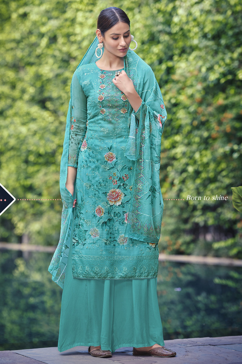Festive Wear Georgette Fabric Cyan Color Digital Printed Palazzo Dress