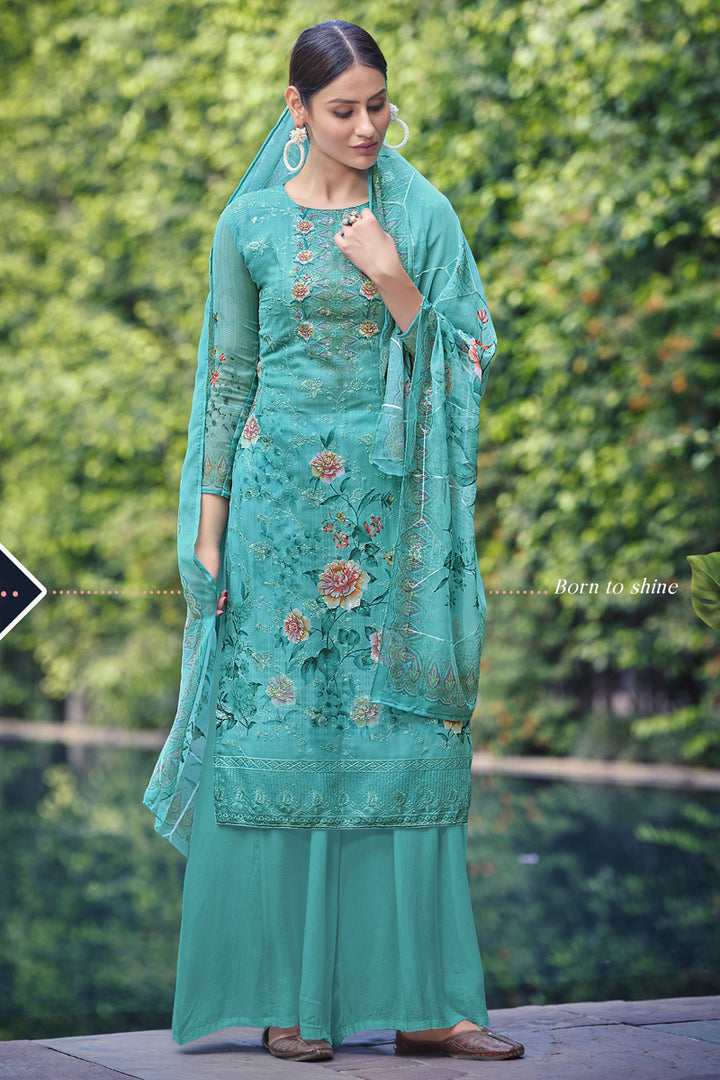 Festive Wear Georgette Fabric Cyan Color Digital Printed Palazzo Dress
