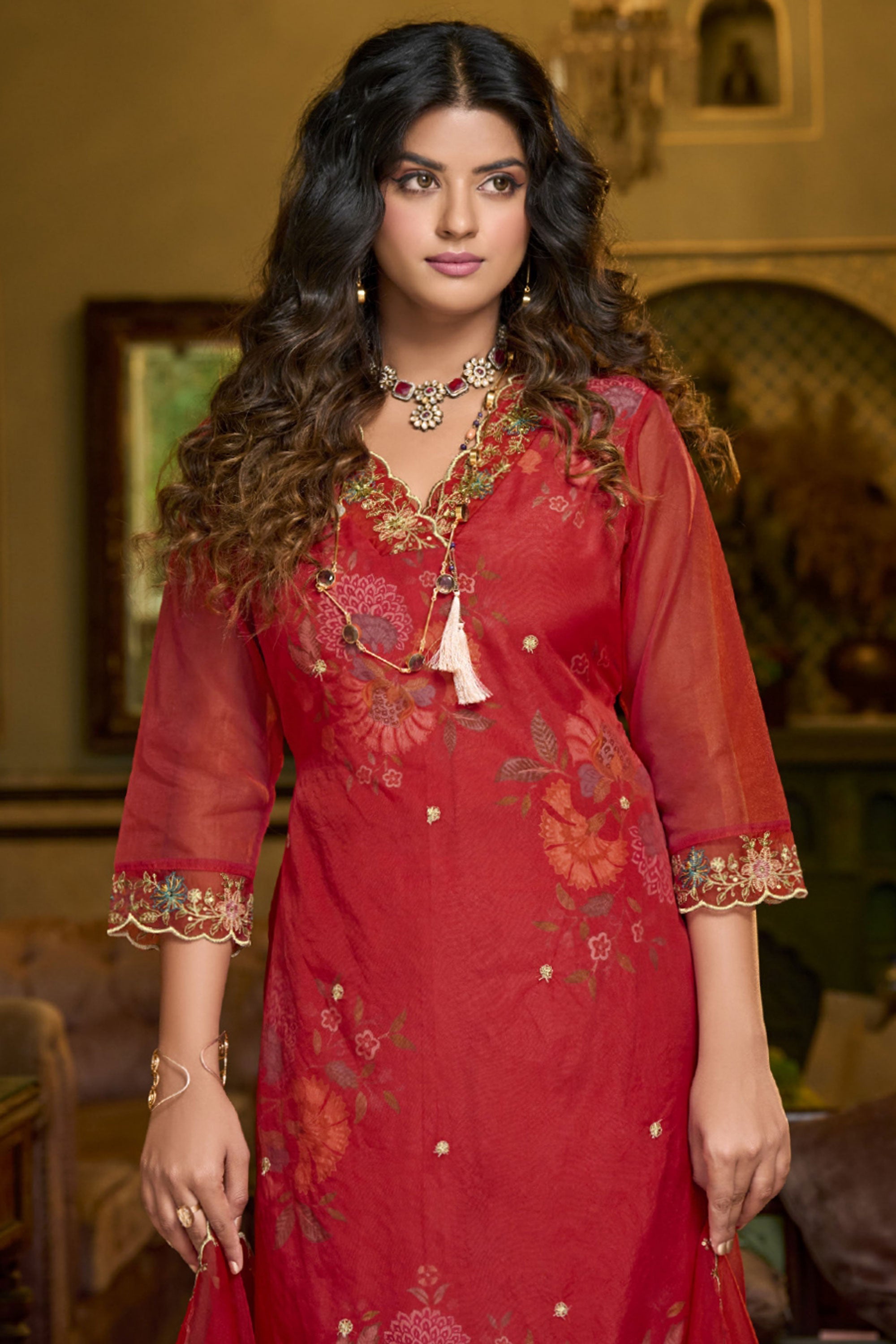 Red Color Embroidered Readymade Straight Cut Festive Wear Salwar Suit In Organza Fabric