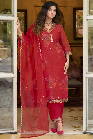 Red Color Embroidered Readymade Straight Cut Festive Wear Salwar Suit In Organza Fabric