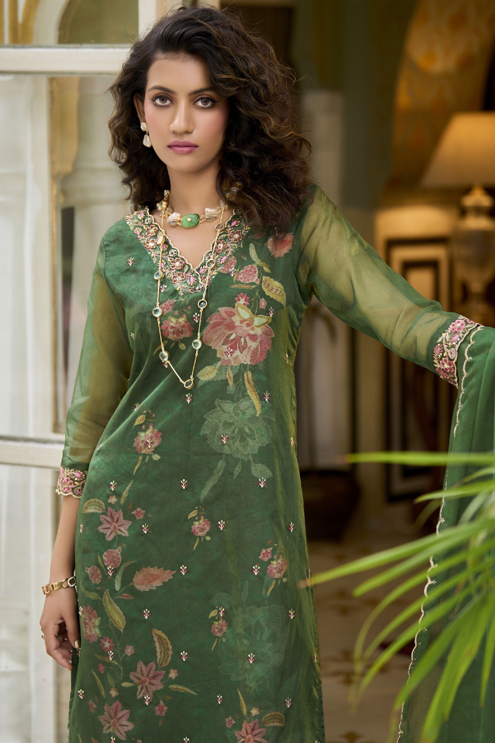 Organza Fabric Embroidered Readymade Straight Cut Salwar Kameez In Green Color