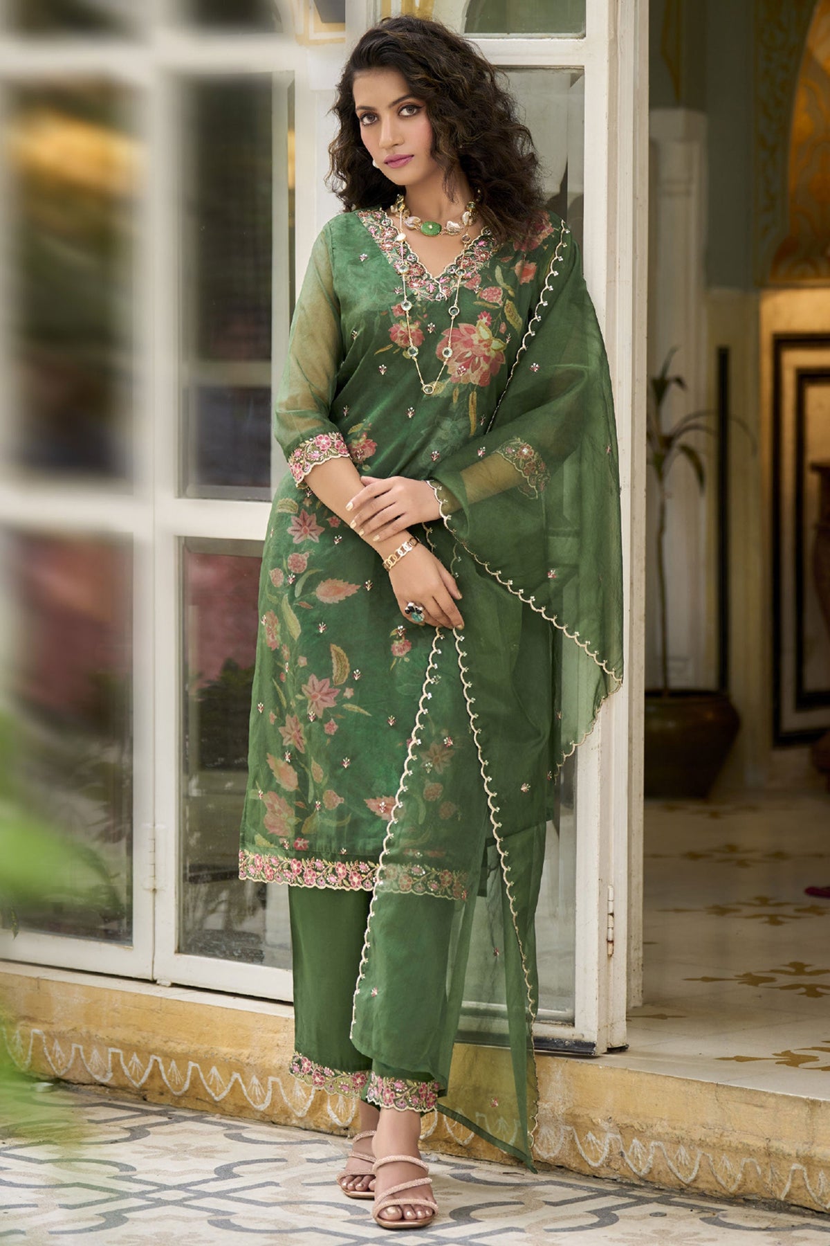 Organza Fabric Embroidered Readymade Straight Cut Salwar Kameez In Green Color