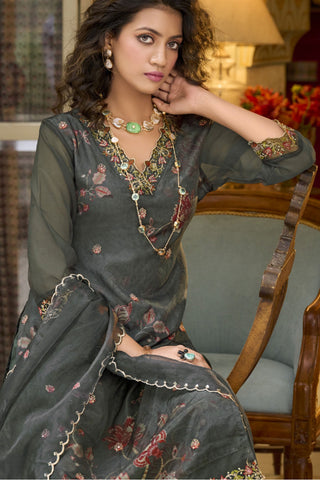 Grey Embroidered Readymade Straight Cut Suit In Organza Fabric