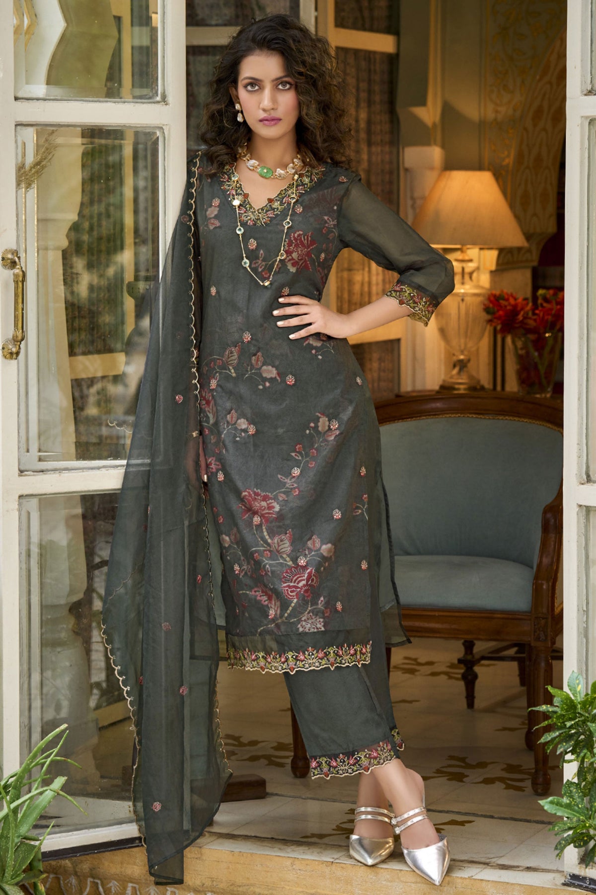 Grey Embroidered Readymade Straight Cut Suit In Organza Fabric