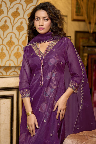 Purple Color Embroidered Organza Fabric Readymade Straight Cut Suit