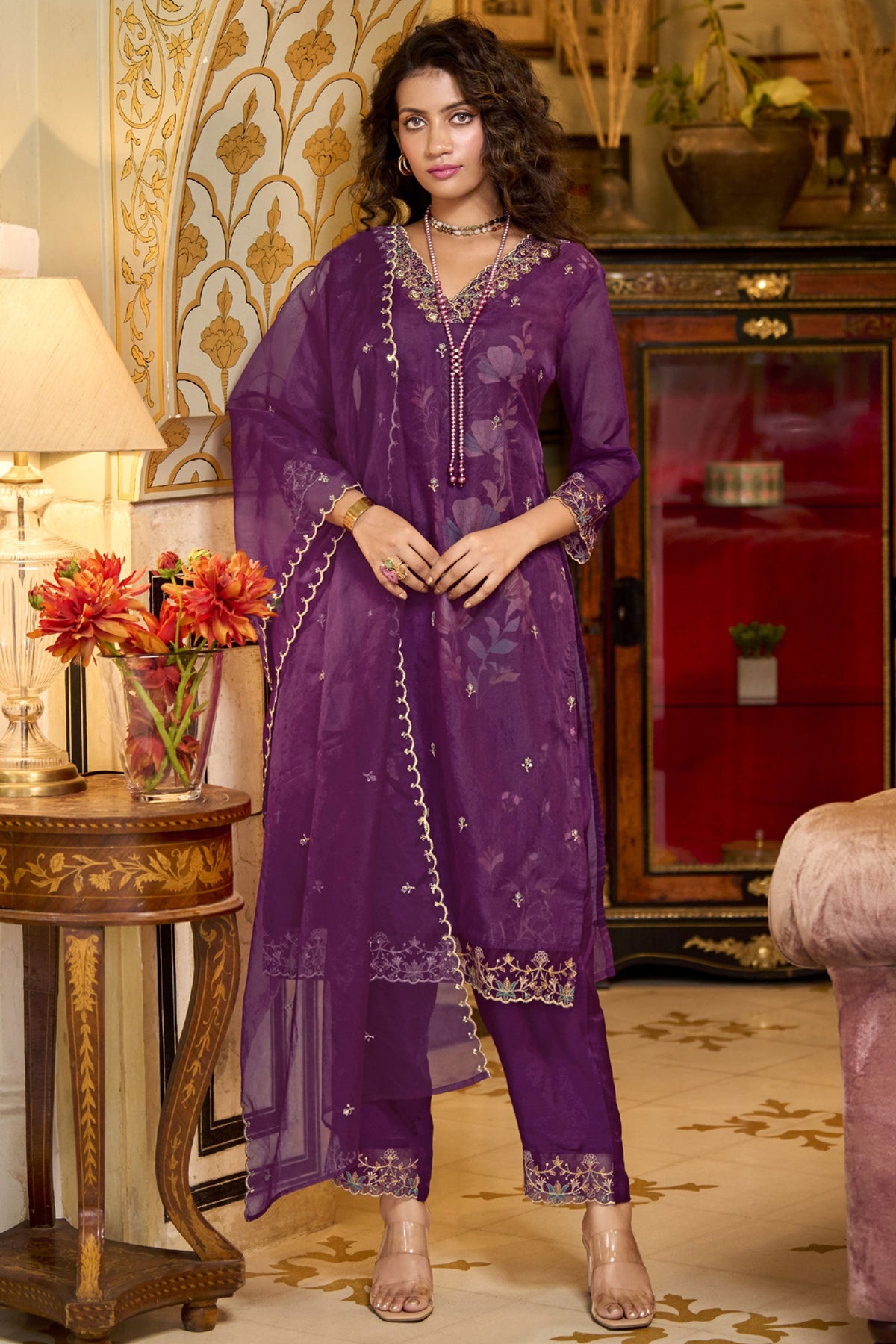 Purple Color Embroidered Organza Fabric Readymade Straight Cut Suit