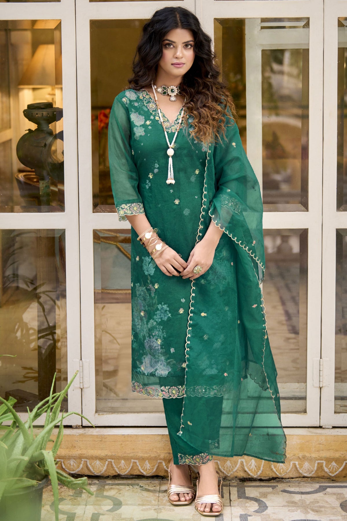 Readymade Teal Color Embroidered Straight Cut Salwar Suit In Organza Fabric