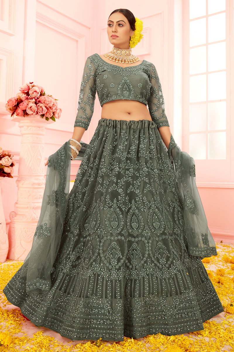 Wedding Wear Mehendi Green Color Net Fabric Embroidered Lehenga Choli