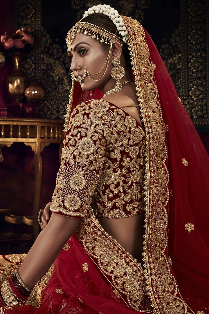 Magnetic Maroon Color Heavy Embroidered Velvet Bridal Lehenga Choli