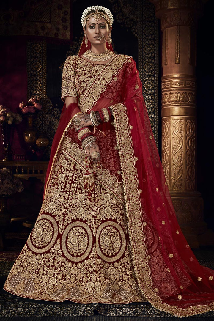 Magnetic Maroon Color Heavy Embroidered Velvet Bridal Lehenga Choli