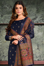 Load image into Gallery viewer, Jacquard Silk Fabric Weaving Work Palazzo Suit In Navy Blue Color
