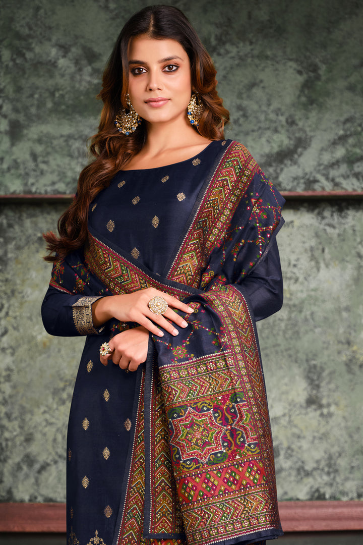 Jacquard Silk Fabric Weaving Work Palazzo Suit In Navy Blue Color