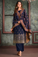 Load image into Gallery viewer, Jacquard Silk Fabric Weaving Work Palazzo Suit In Navy Blue Color
