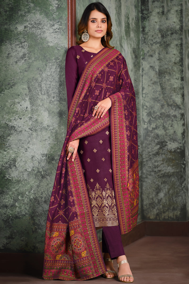 Purple Color Jacquard Silk Fabric Weaving Work Festival Wear Salwar Suit