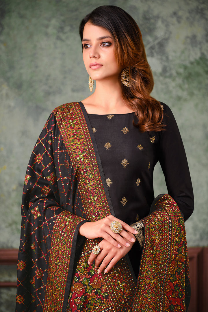 Black Color Jacquard Silk Fabric Festival Wear Weaving Work Salwar Suit