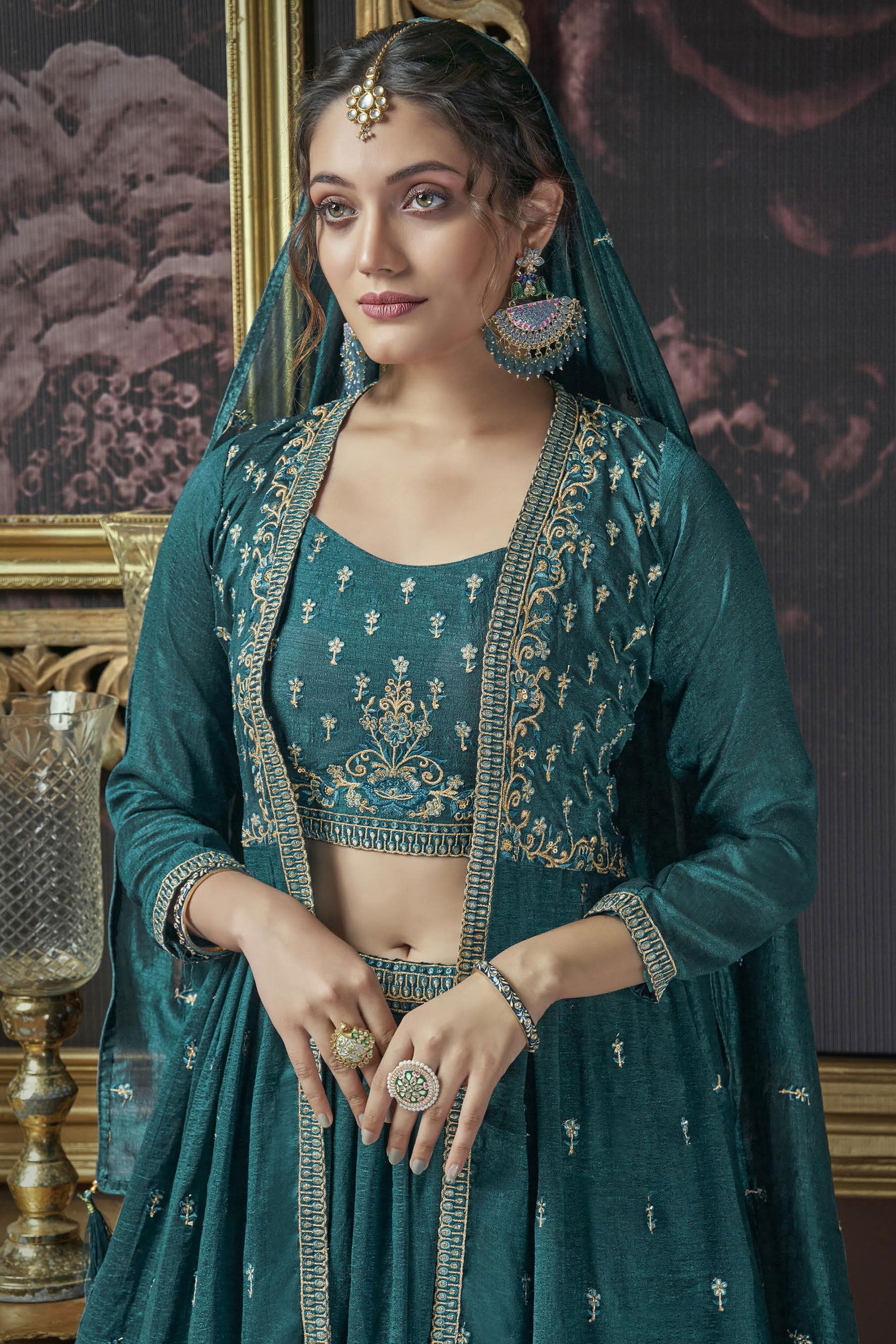 Embroidered Teal Color Fashionable Lehenga With Long koti In Art Silk Fabric