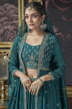 Load image into Gallery viewer, Embroidered Teal Color Fashionable Lehenga With Long koti In Art Silk Fabric
