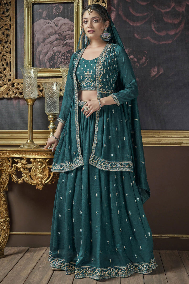 Embroidered Teal Color Fashionable Lehenga With Long koti In Art Silk Fabric
