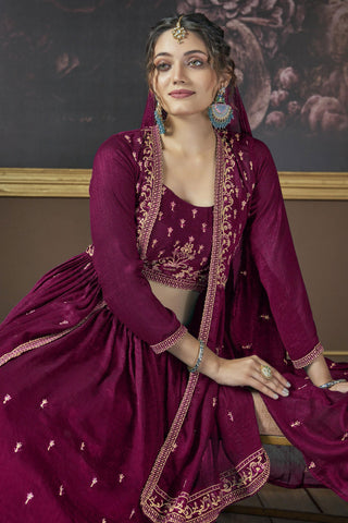 Art Silk Fabric Embroidered Glamorous Lehenga With Long koti In Burgandy Color