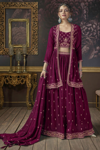 Art Silk Fabric Embroidered Glamorous Lehenga With Long koti In Burgandy Color