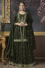 Load image into Gallery viewer, Art Silk Fabric Embroidered Magnificent Lehenga With Long koti In Mehendi Green Color
