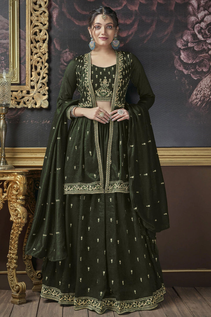 Art Silk Fabric Embroidered Magnificent Lehenga With Long koti In Mehendi Green Color
