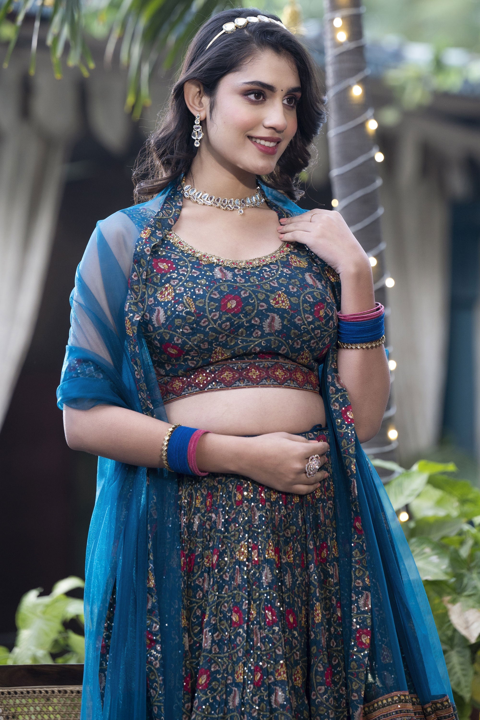 Teal Color Printed Sangeet Wear Readymade Lehenga Choli In Chinon Fabric