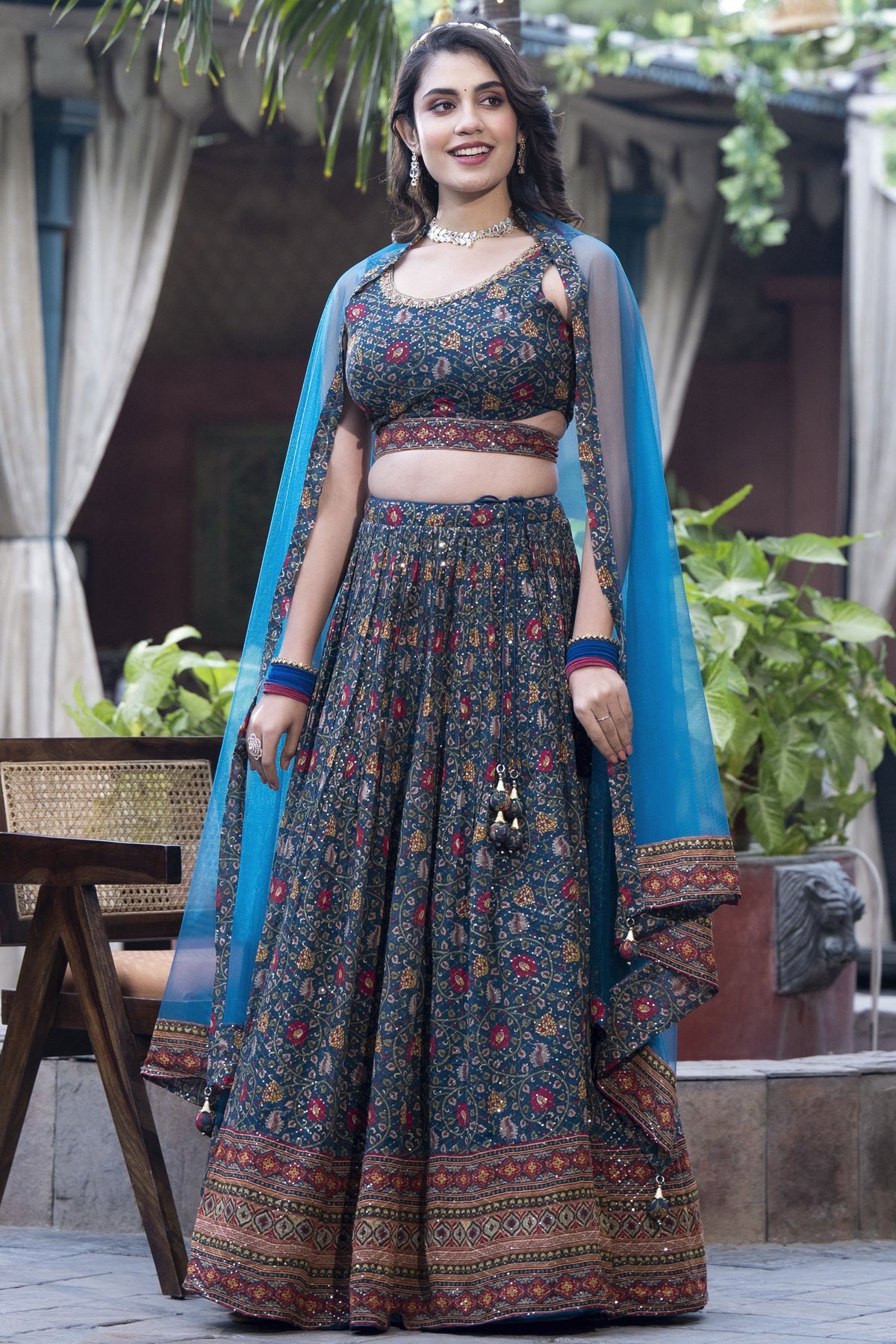 Teal Color Printed Sangeet Wear Readymade Lehenga Choli In Chinon Fabric