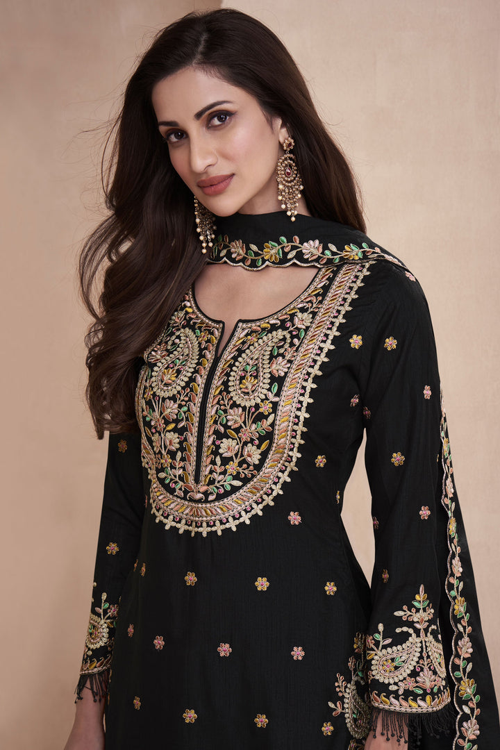 Readymade Art Silk Fabric Fancy Embroidered Function Wear Black Color Palazzo Suit
