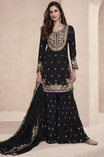 Load image into Gallery viewer, Readymade Art Silk Fabric Fancy Embroidered Function Wear Black Color Palazzo Suit

