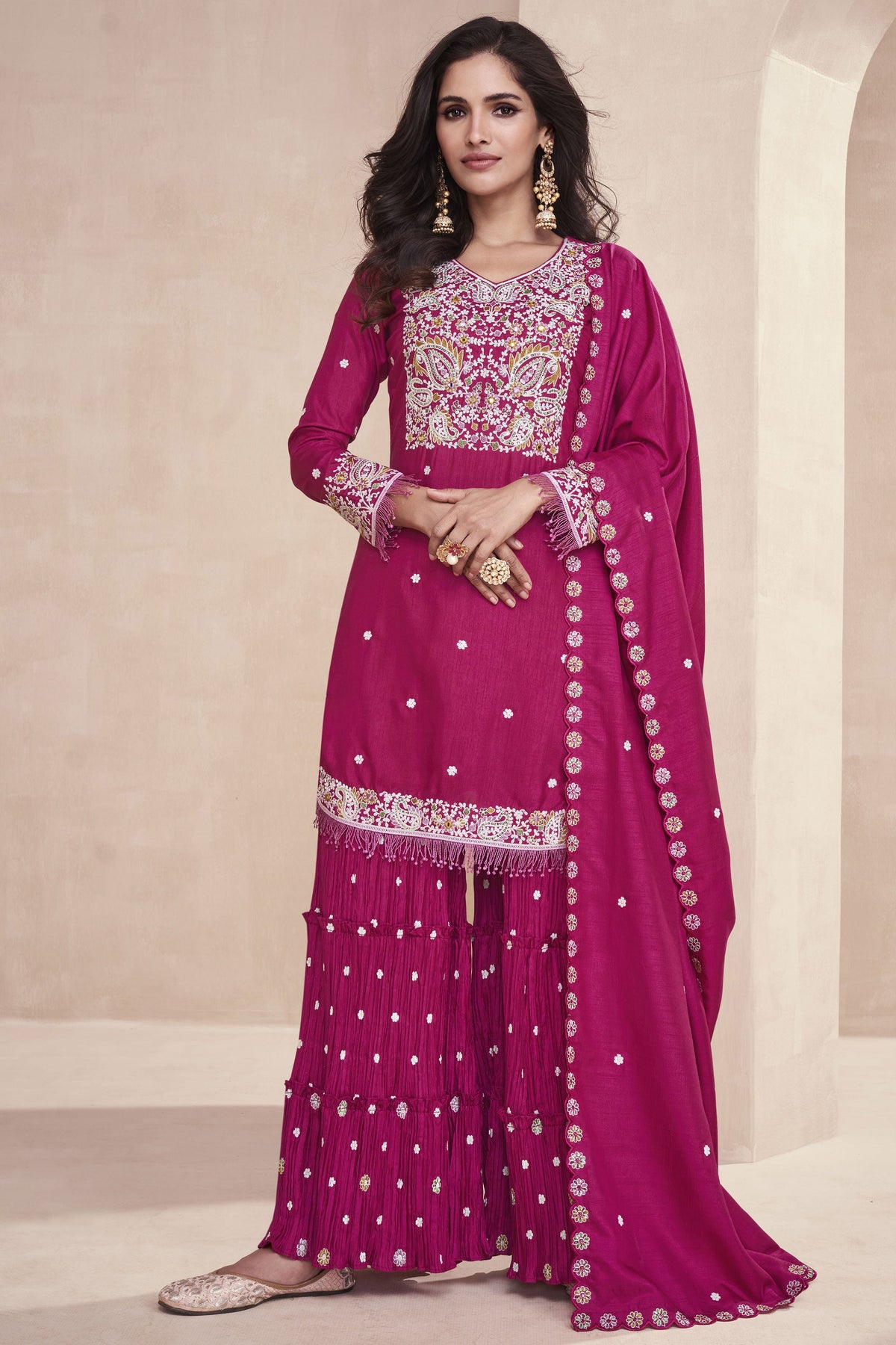 Rani Color Readymade Embroidered Palazzo Suit In Art Silk Fabric