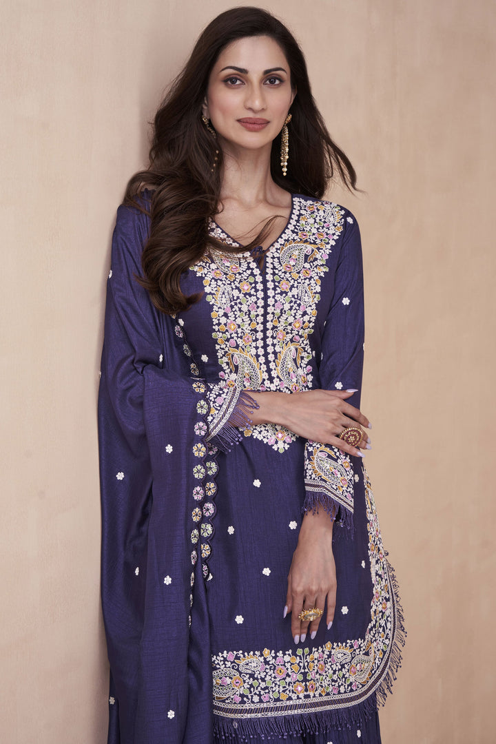 Embroidered Purple Color Readymade Palazzo Suit In Art Silk Fabric