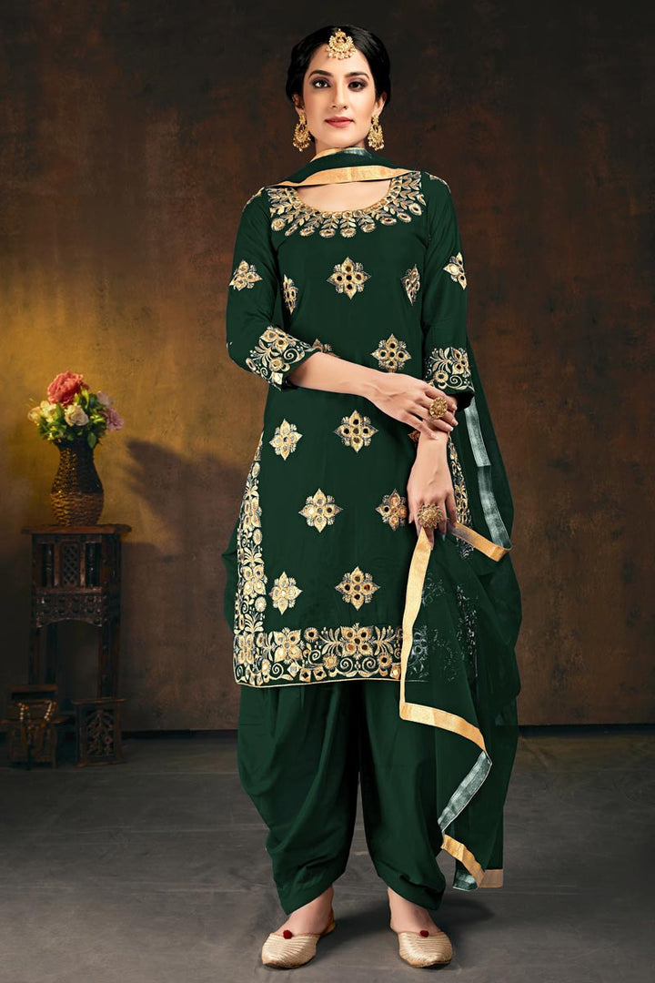 Art Silk Festive Wear Chic Embroidered Patiala Dress In Dark Green Color
