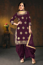 Load image into Gallery viewer, Festive Wear Art Silk Chic Embroidered Wine Color Patiala Dress
