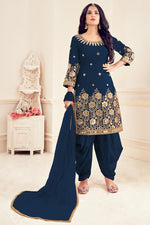 Load image into Gallery viewer, Art Silk Fabric Function Wear Navy Blue Color Embroidered Patiala Salwar Suit

