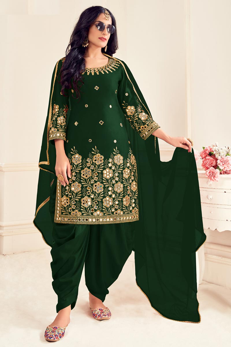 Green Color Art Silk Fabric Festive Wear Embroidered Patiala Salwar Suit