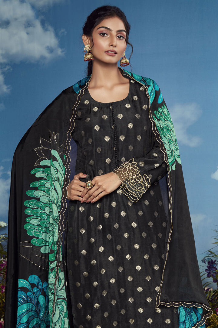 Function Wear Black Color Embroidered Palazzo Suit In Organza Fabric