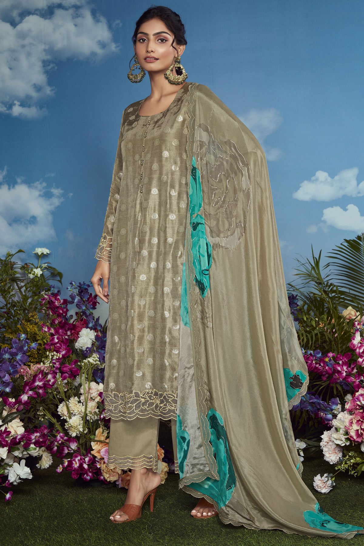 Embroidered Function Wear Palazzo Suit In Organza Fabric Dark Beige Color