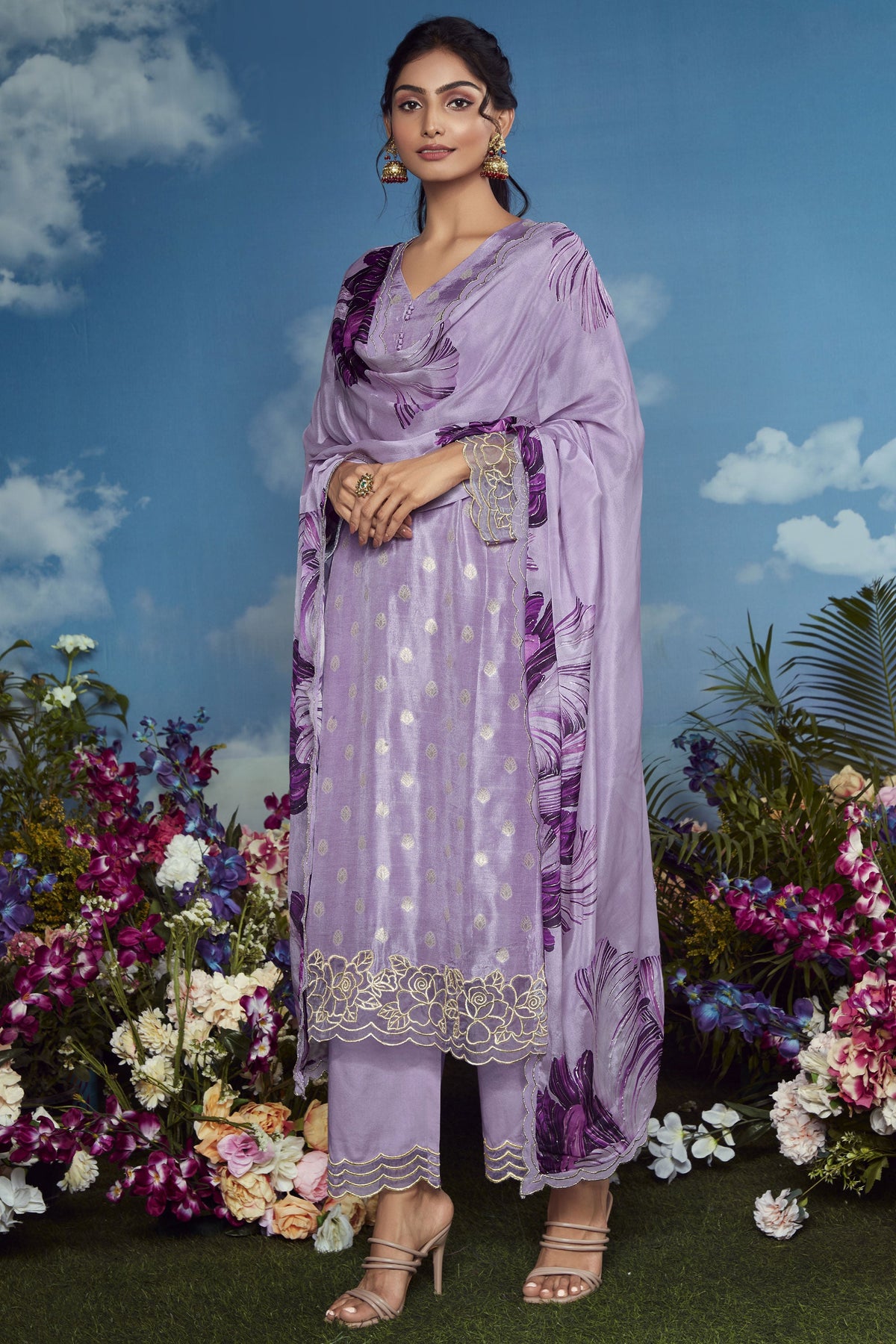 Lavender Color Function Wear Embroidered Palazzo Suit In Organza Fabric