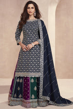 Load image into Gallery viewer, Embroidered Readymade Navy Blue Sharara Top Lehenga In Chinon Silk Fabric