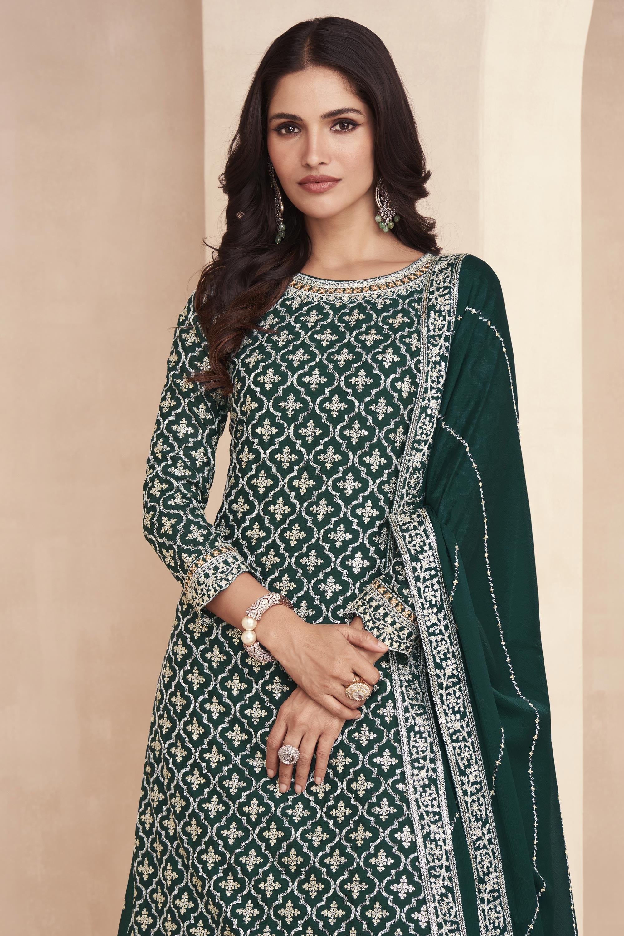 Dark Green Chinon Silk Fabric Readymade Embroidered Sharara Top Lehenga