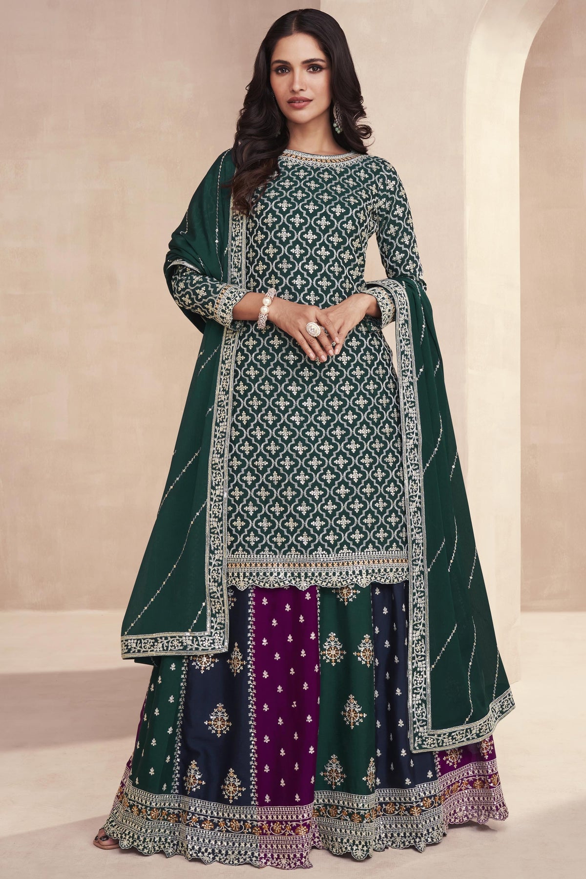 Dark Green Chinon Silk Fabric Readymade Embroidered Sharara Top Lehenga