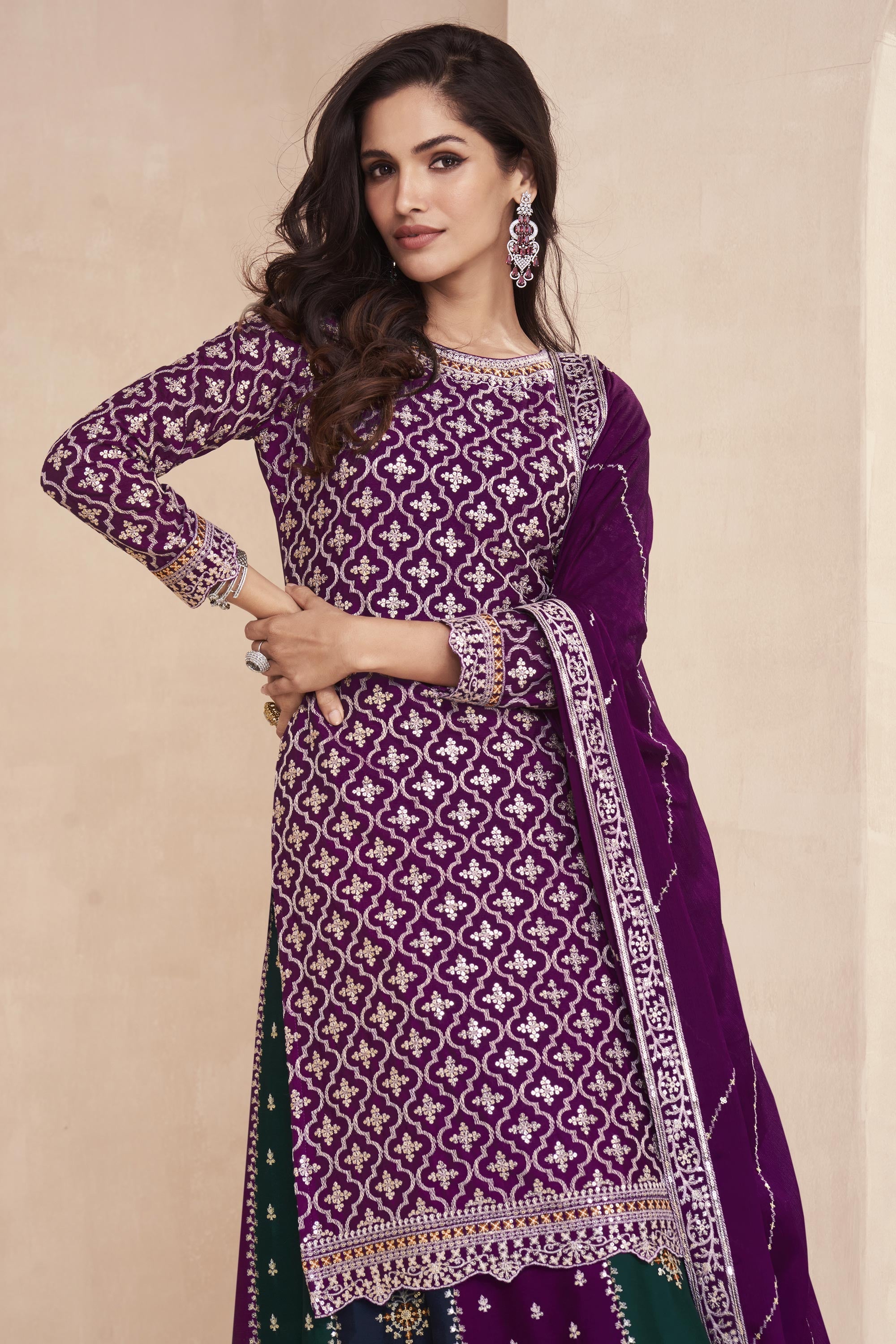 Chinon Silk Fabric Designer 3 Piece Embroidered Readymade Purple Sharara Top Lehenga