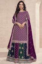 Load image into Gallery viewer, Chinon Silk Fabric Designer 3 Piece Embroidered Readymade Purple Sharara Top Lehenga